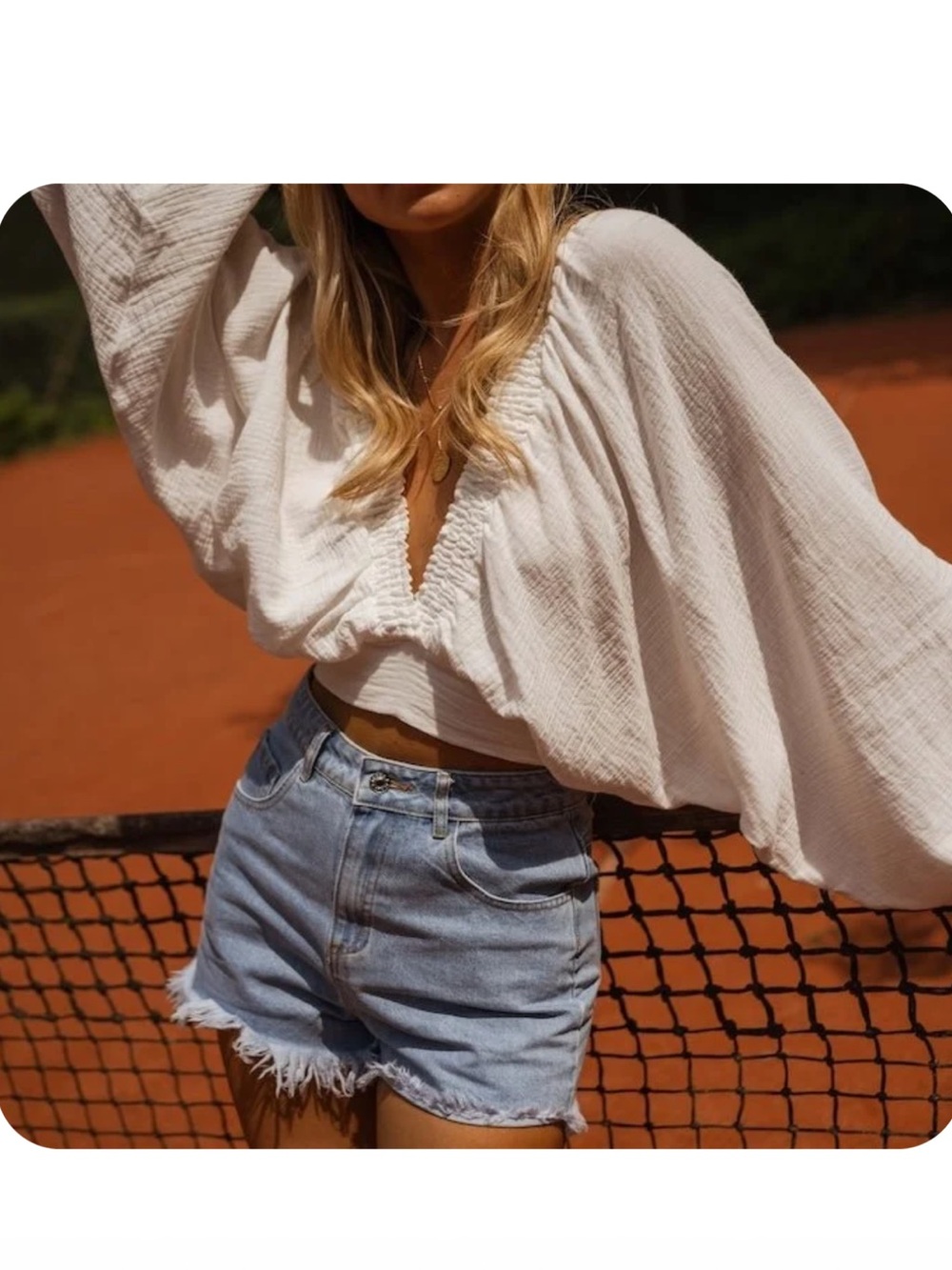 Cropped White V-Neck Peasant Blouse with Balloon Sleeves